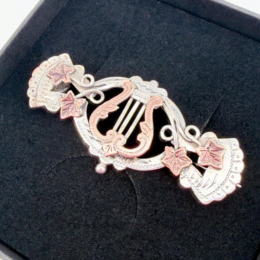 Antique Sterling Silver Lyre Brooch with Gilt Detail – c.19th Century