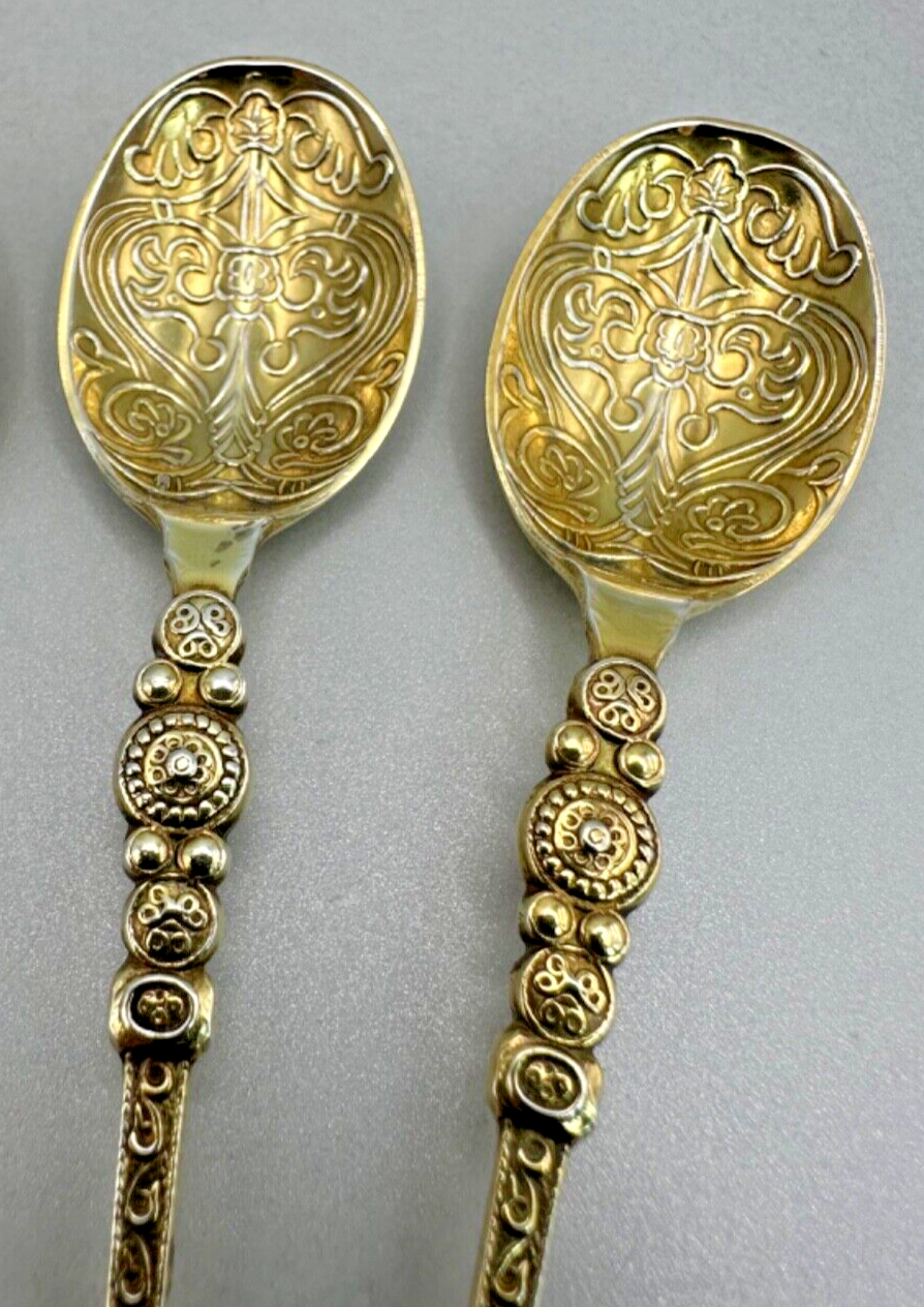 4x Silver Gilt Teaspoons by S.J. Rose & Son, Birmingham 1977 – Ornate Design