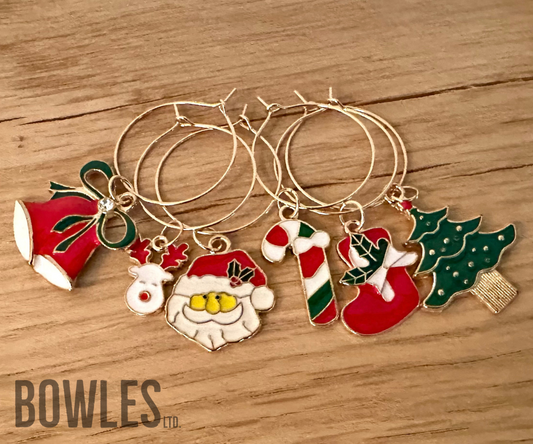 Pack of 6 Christmas Wine Glass Charms – Glass Markers, Cocktail / Champagne Tags