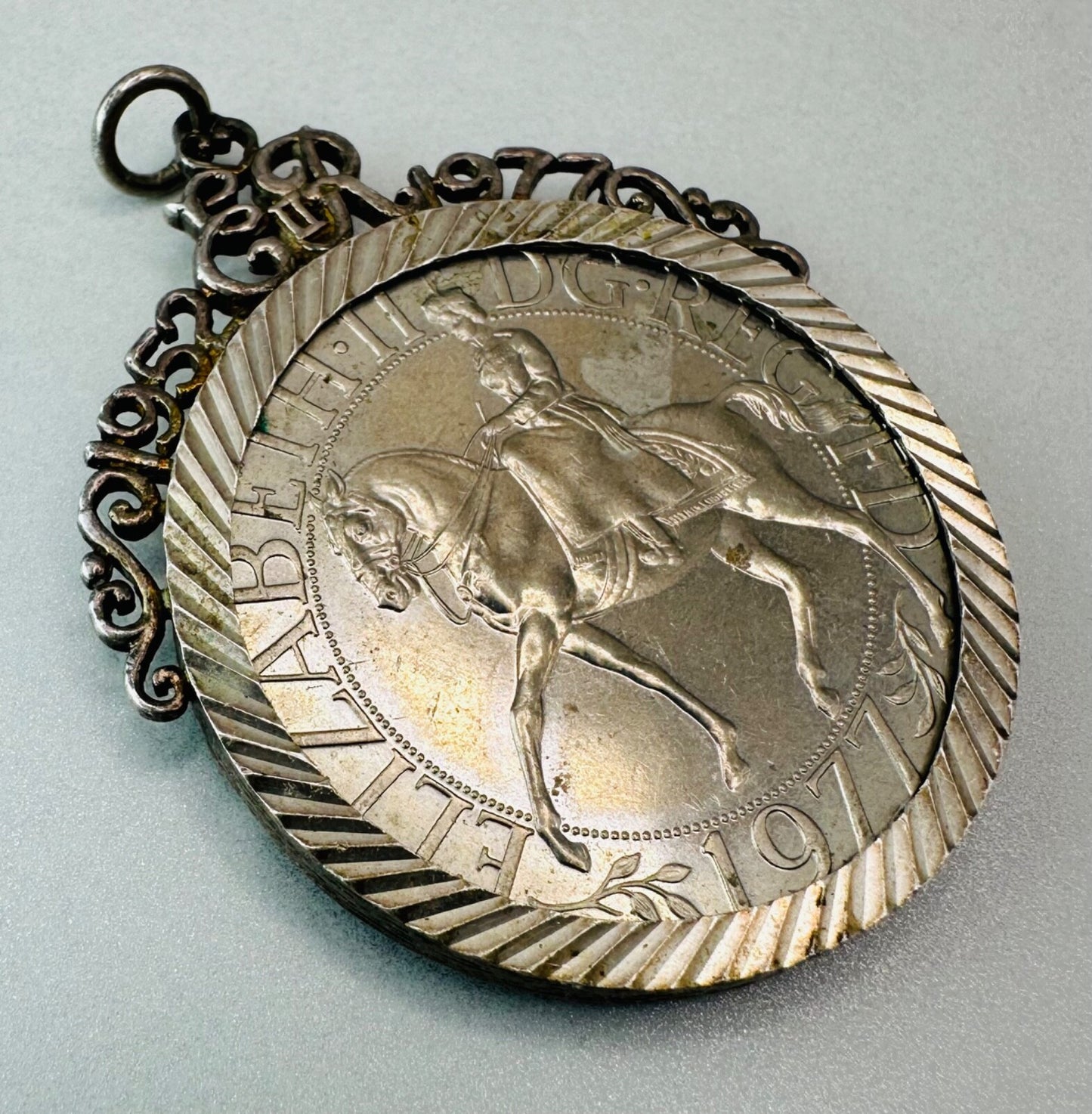 Vintage 1977 Queen Elizabeth II Silver Jubilee Coin with Silver Pendant Mount