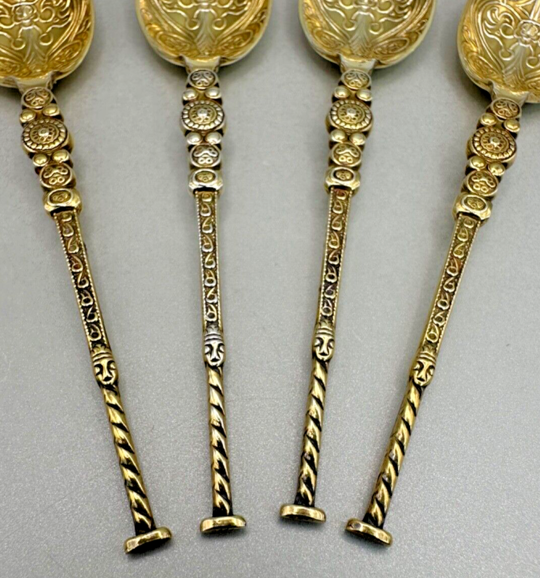 4x Silver Gilt Teaspoons by S.J. Rose & Son, Birmingham 1977 – Ornate Design