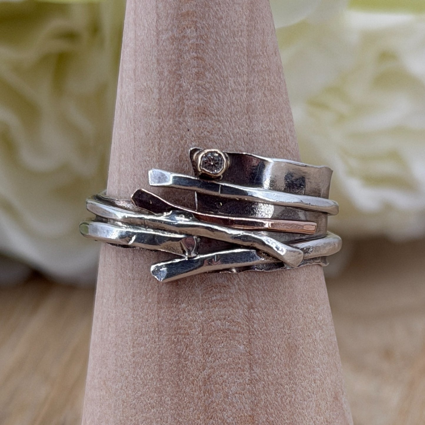 Handmade 925 Sterling Silver Diamond Ring with Gold Accents – UK Size U