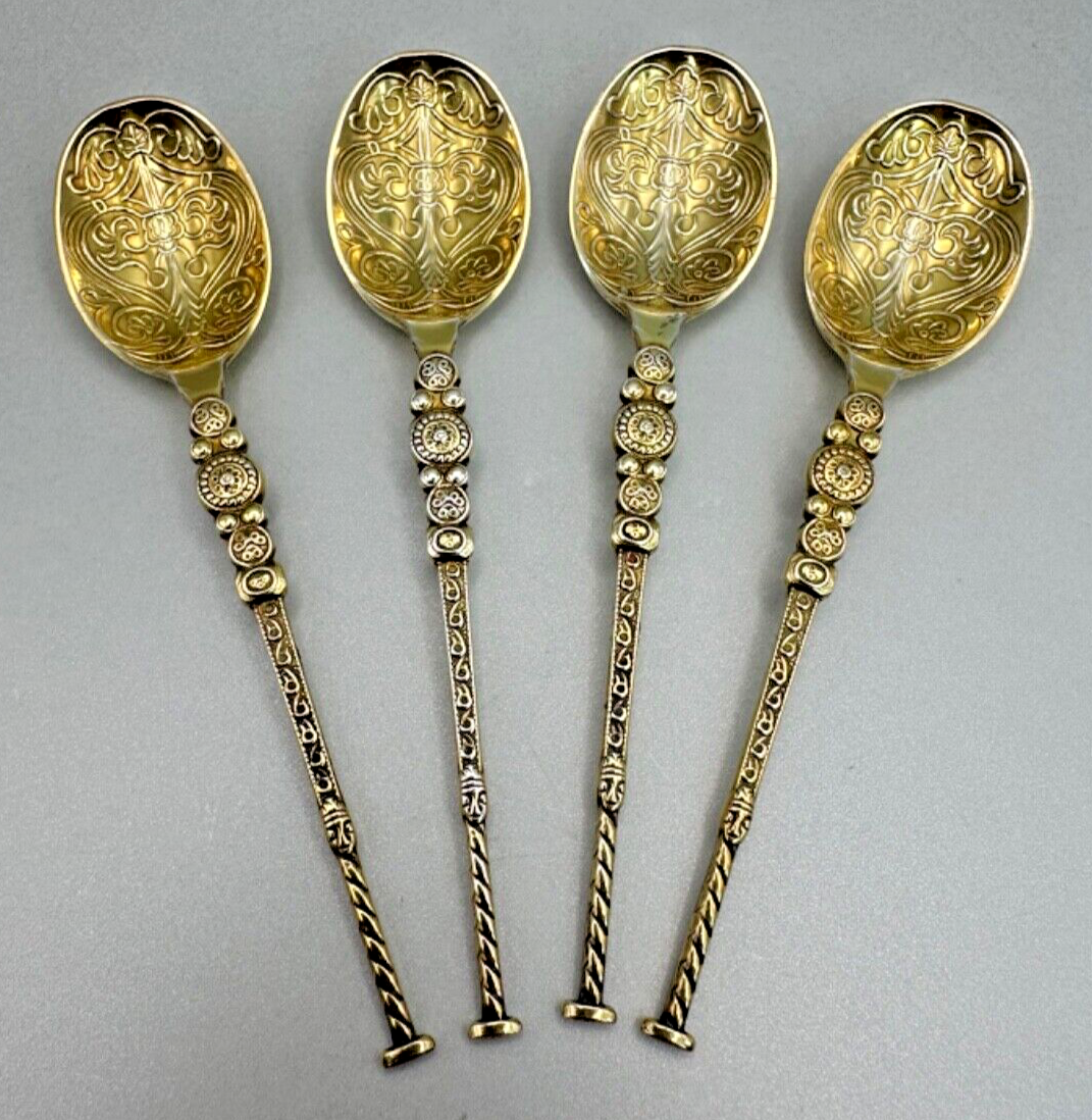 4x Silver Gilt Teaspoons by S.J. Rose & Son, Birmingham 1977 – Ornate Design