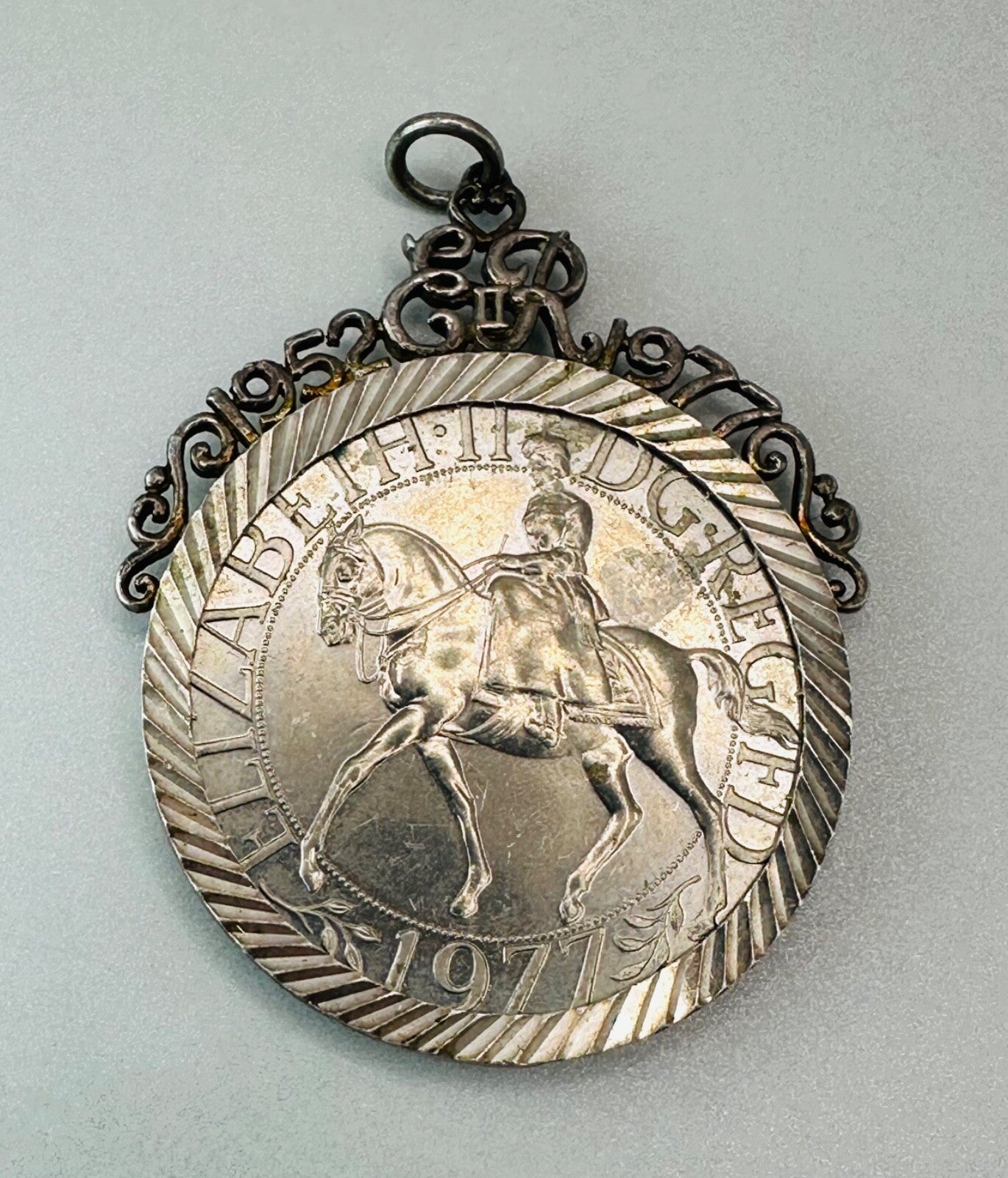 Vintage 1977 Queen Elizabeth II Silver Jubilee Coin with Silver Pendant Mount