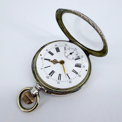 Antique Swiss / German Silver Pocket Watch – 10 Jewels – Working