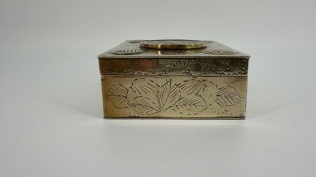 Antique Chinese Brass Box with Carved Stone Inlay and Wood Lining - image 5