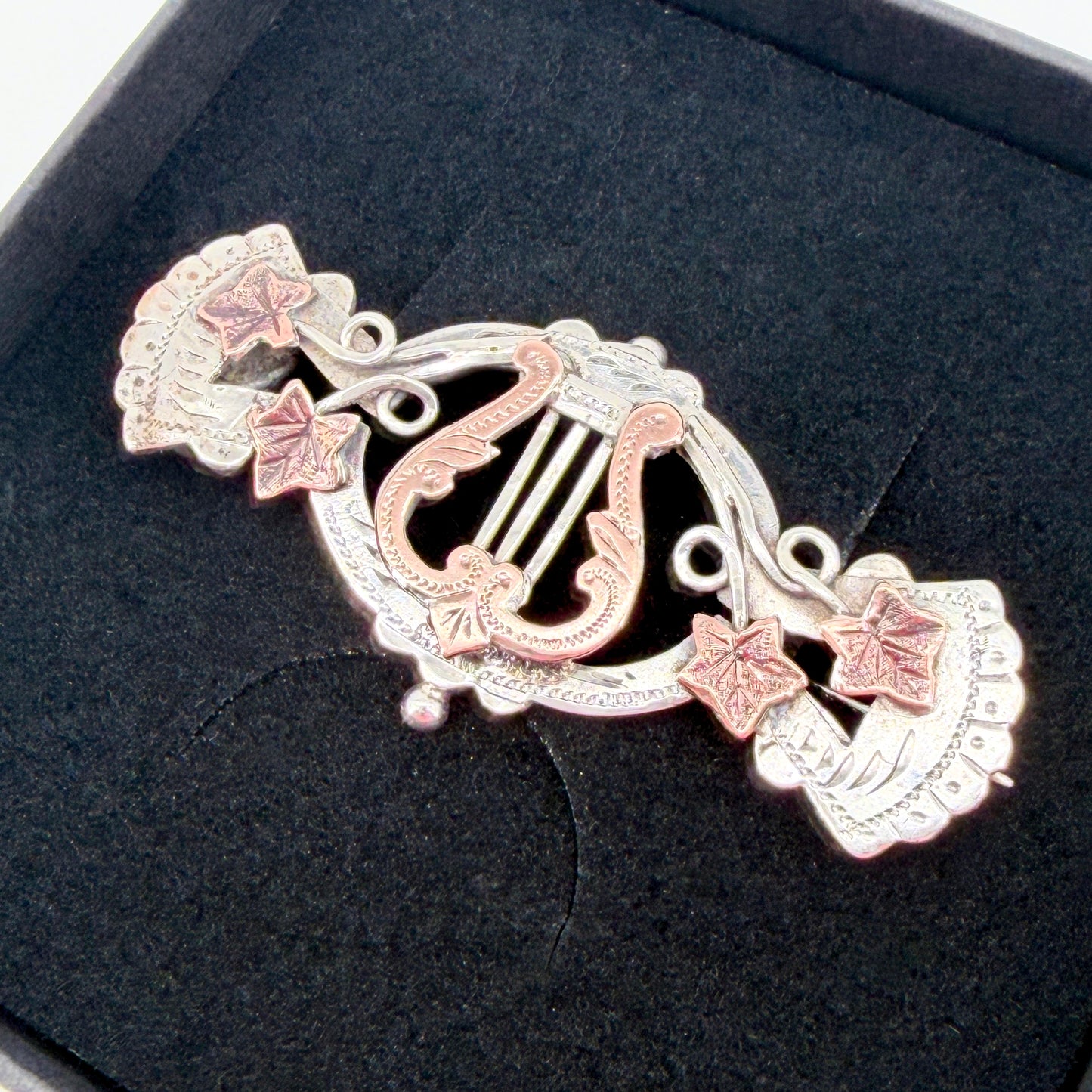 Antique Sterling Silver Lyre Brooch with Gilt Detail – c.19th Century