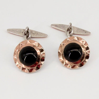 Vintage Sterling Silver & Gold Cufflinks with Black Cabochons