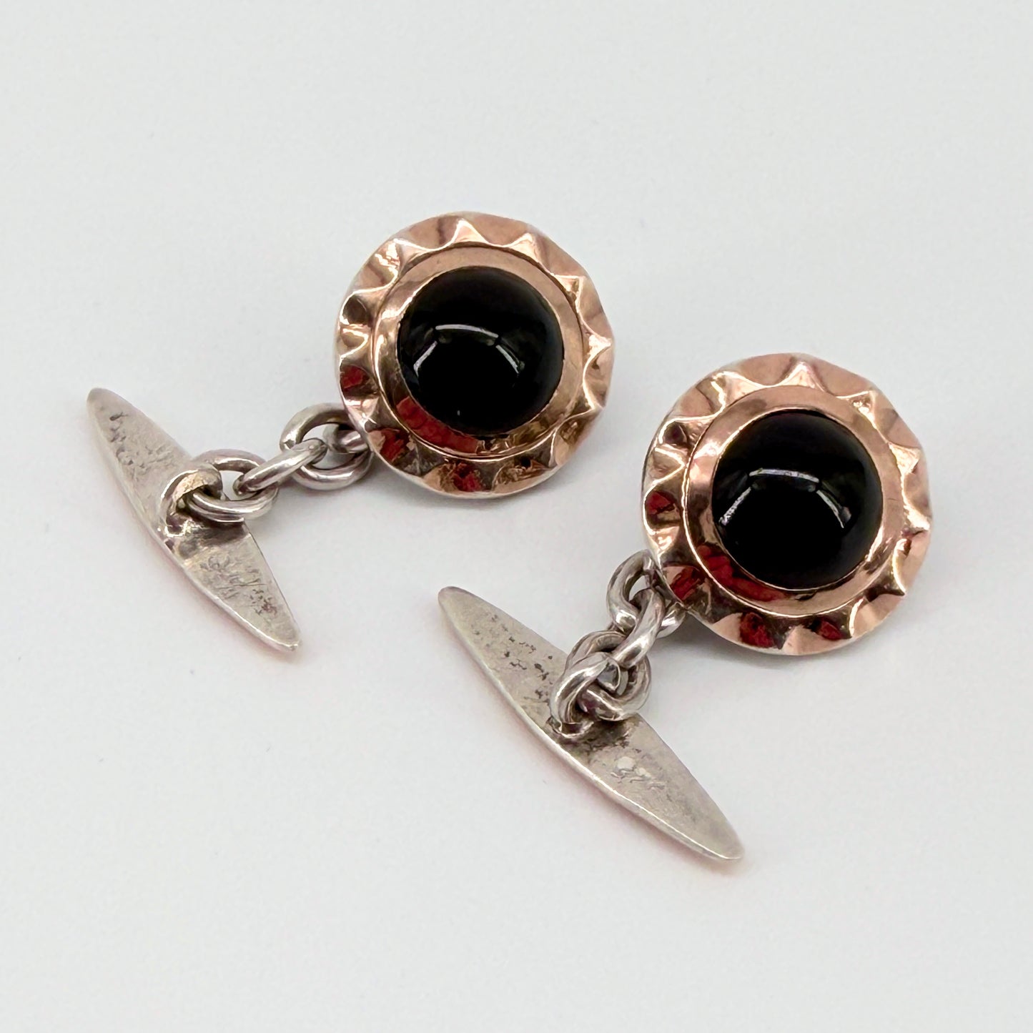 Vintage Sterling Silver & Gold Cufflinks with Black Cabochons