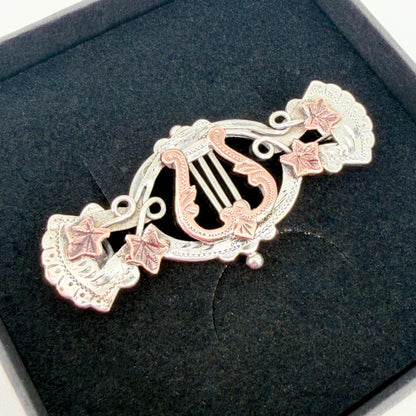 Antique Sterling Silver Lyre Brooch with Gilt Detail – c.19th Century