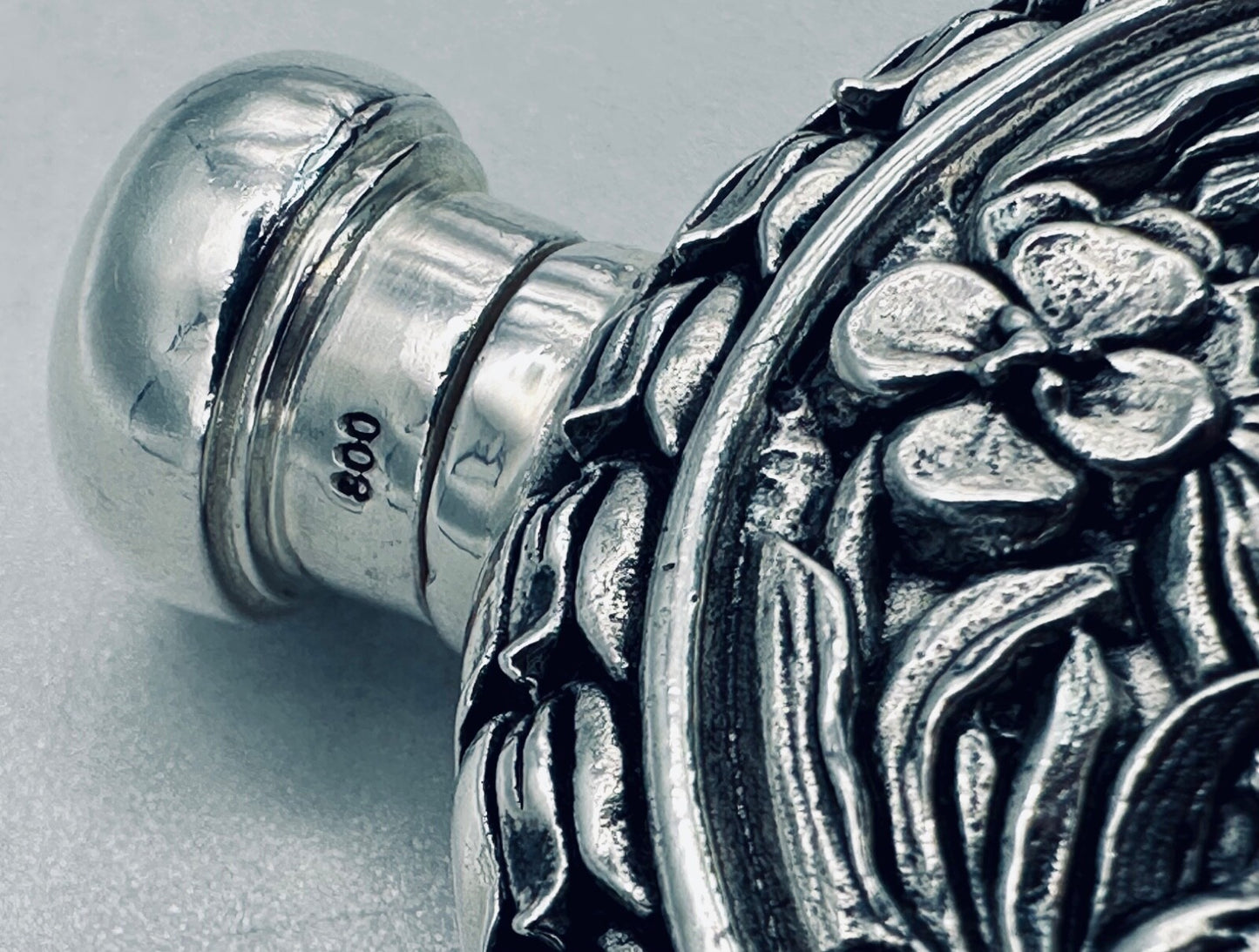 Antique 800 Silver Perfume Flask – High-Relief Classical Female & Floral Design