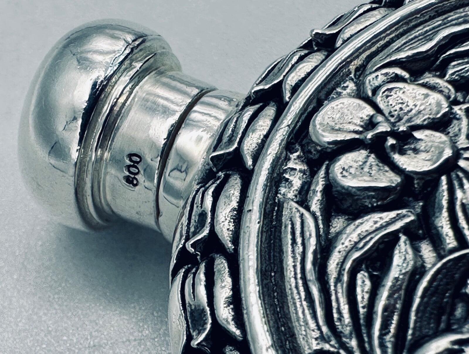 Antique 800 Silver Perfume Flask – High-Relief Classical Female & Floral Design