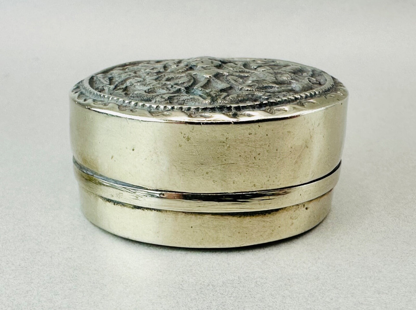 Antique White Metal Pill Box with Hinged Lid