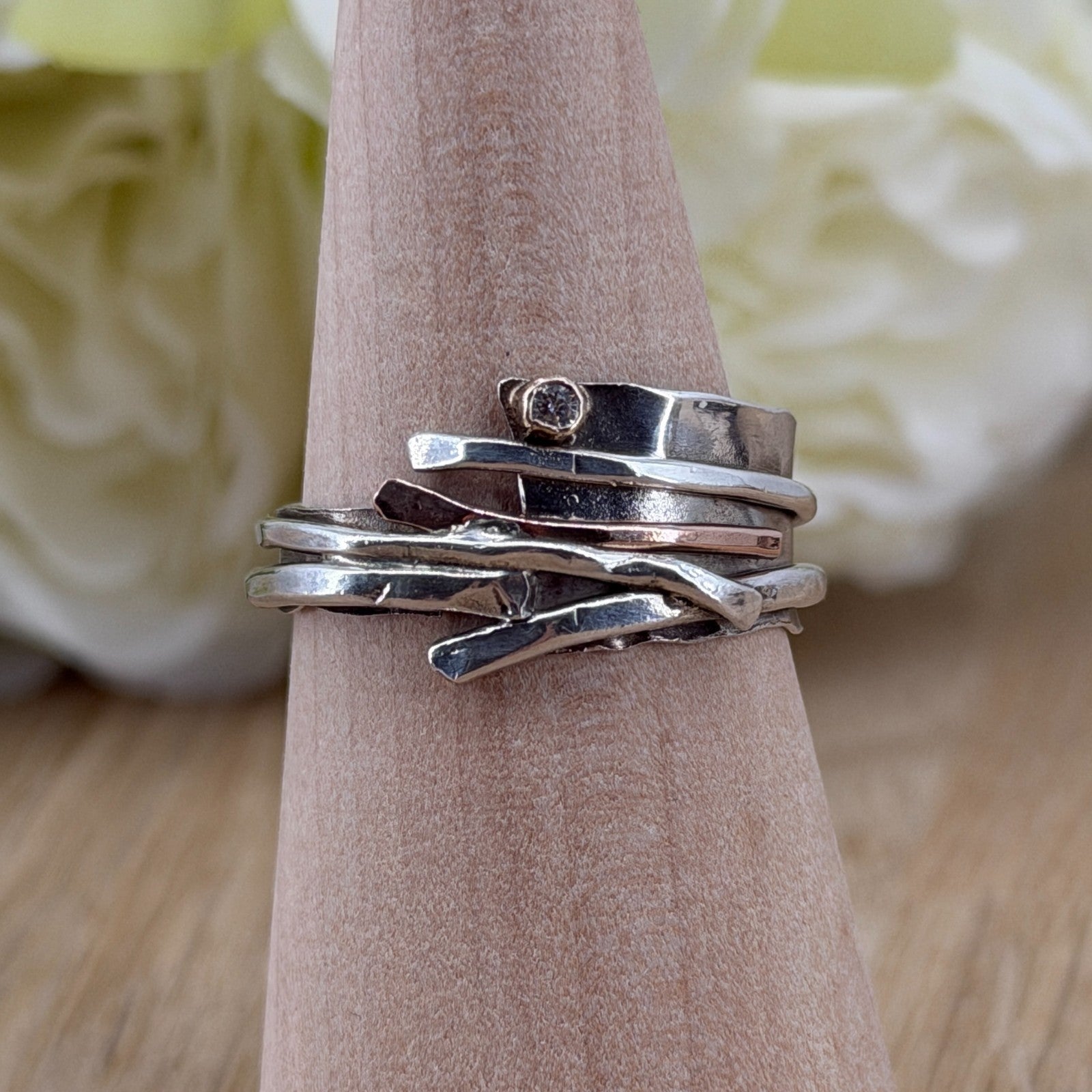 Handmade 925 Sterling Silver Diamond Ring with Gold Accents – UK Size U