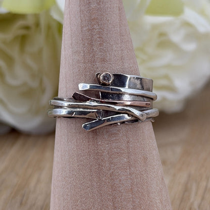 Handmade 925 Sterling Silver Diamond Ring with Gold Accents – UK Size U