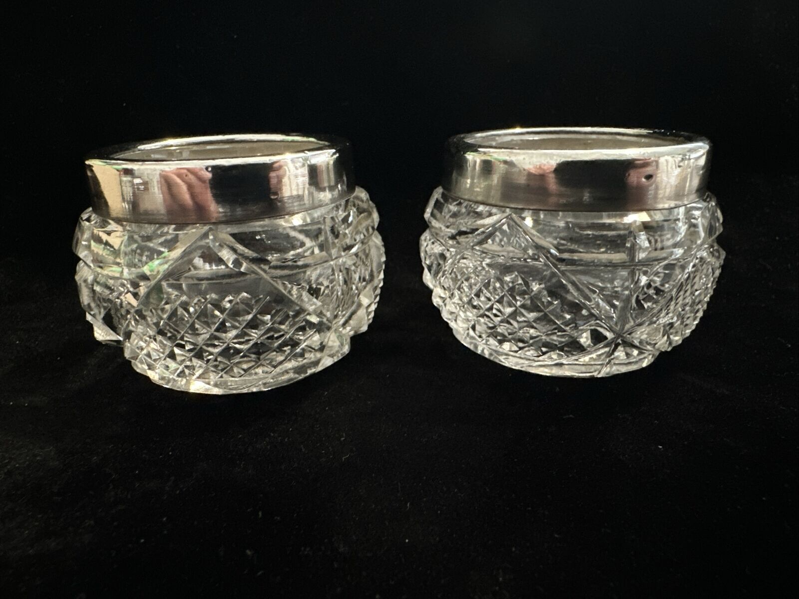 Antique Pair of Silver Rimmed Cut Glass Salts - London 1913