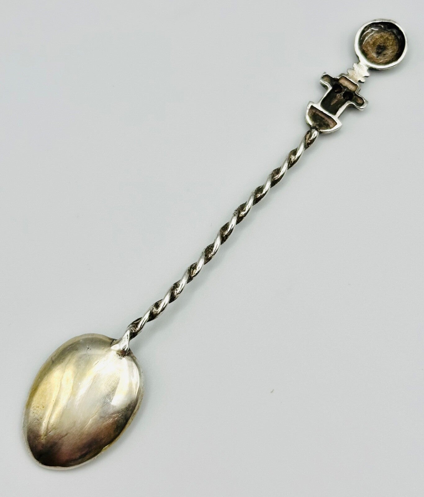 Antique White Metal Spoon - Twisted Stem & Character Finial