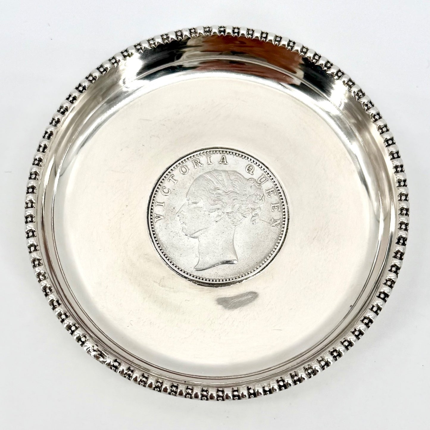 Antique Sterling Silver Coin Pin Dish, One Rupee 1840 East India Company - Boxed