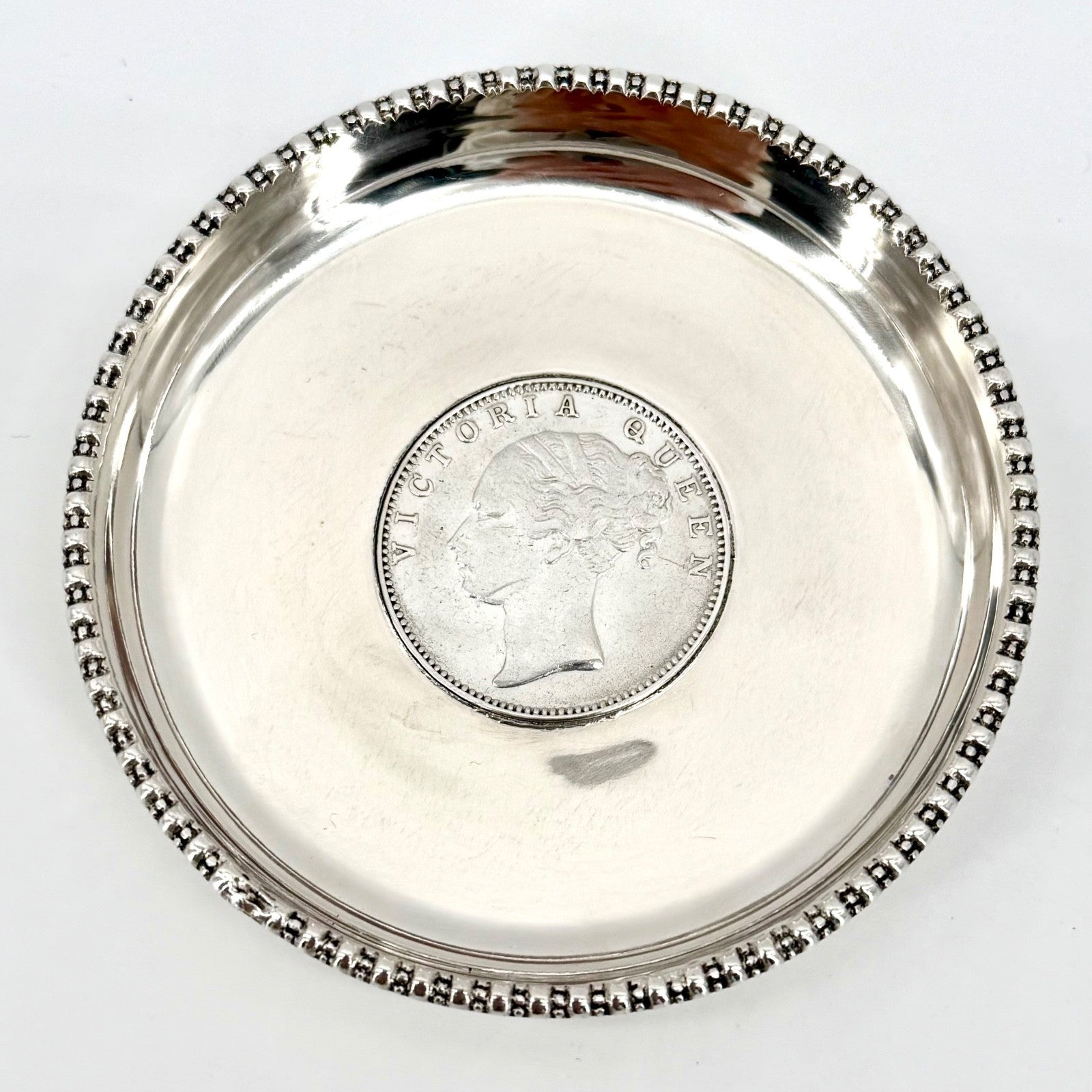 Antique Sterling Silver Coin Pin Dish, One Rupee 1840 East India Company - Boxed