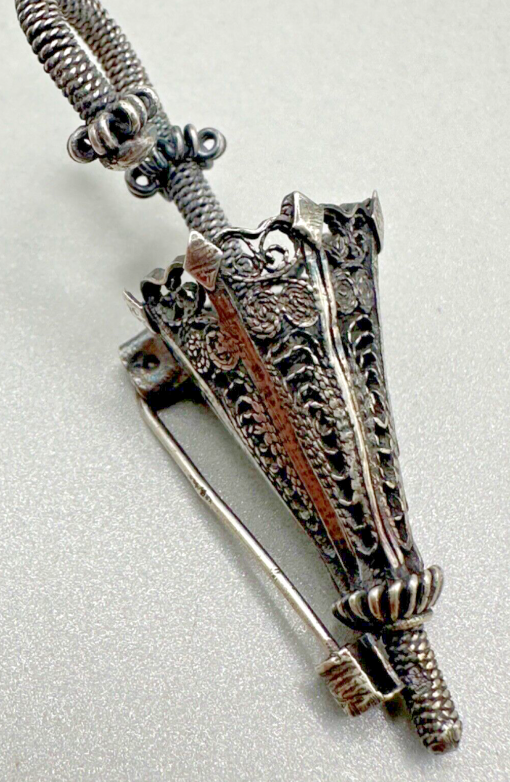 Antique Silver White Metal Umbrella Filigree Brooch