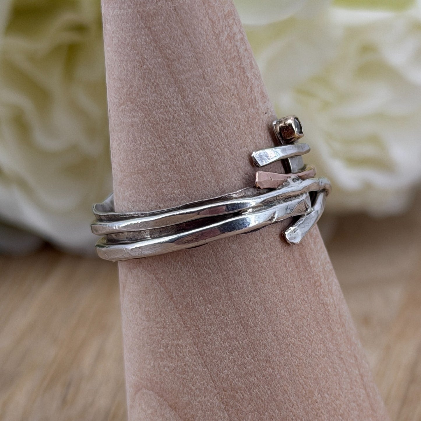 Handmade 925 Sterling Silver Diamond Ring with Gold Accents – UK Size U