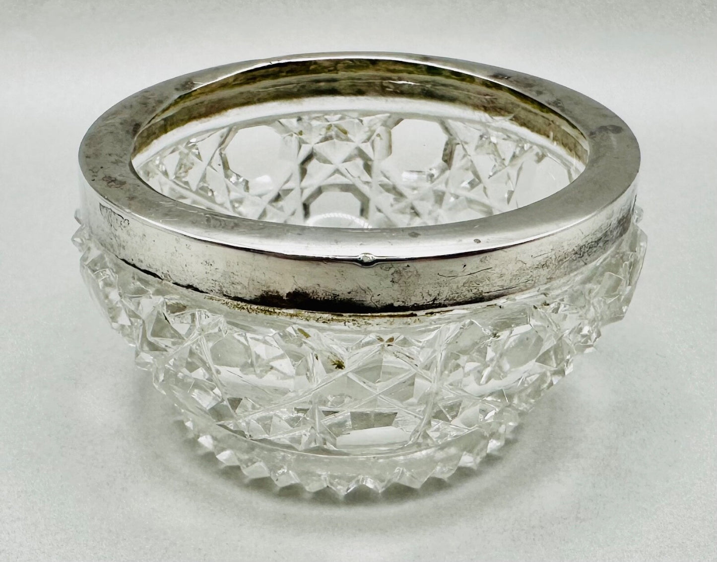Antique Silver Rimmed Glass Salt – Birmingham 1902 Henry Bushell & Co