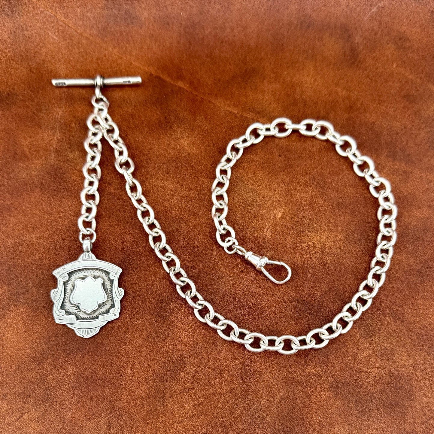 Antique Silver Albert Chain with T-Bar & Medallion – 1900 & 1924