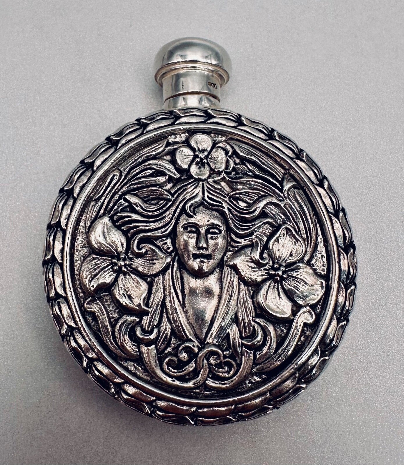 Antique 800 Silver Perfume Flask – High-Relief Classical Female & Floral Design