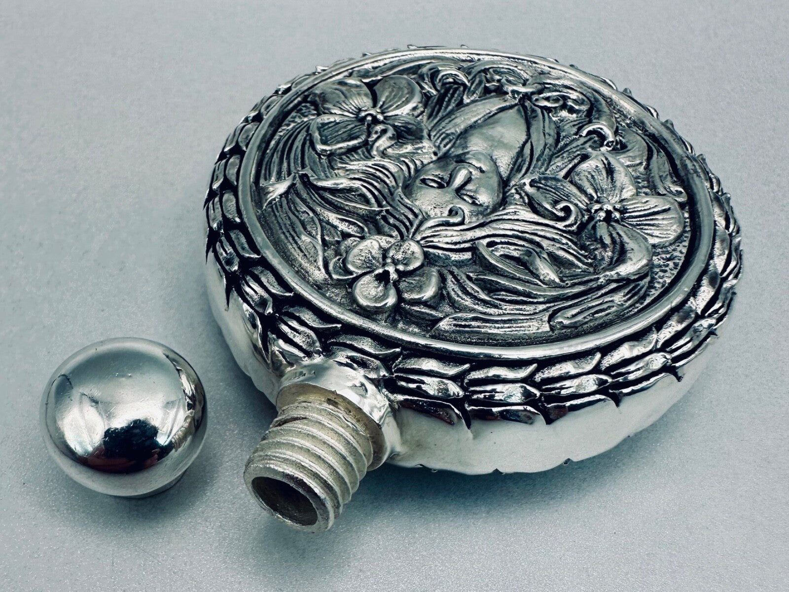 Antique 800 Silver Perfume Flask – High-Relief Classical Female & Floral Design