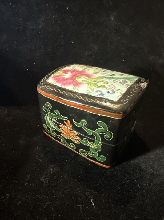 Antique Chinese Papier Mache & Porcelain Trinket Box