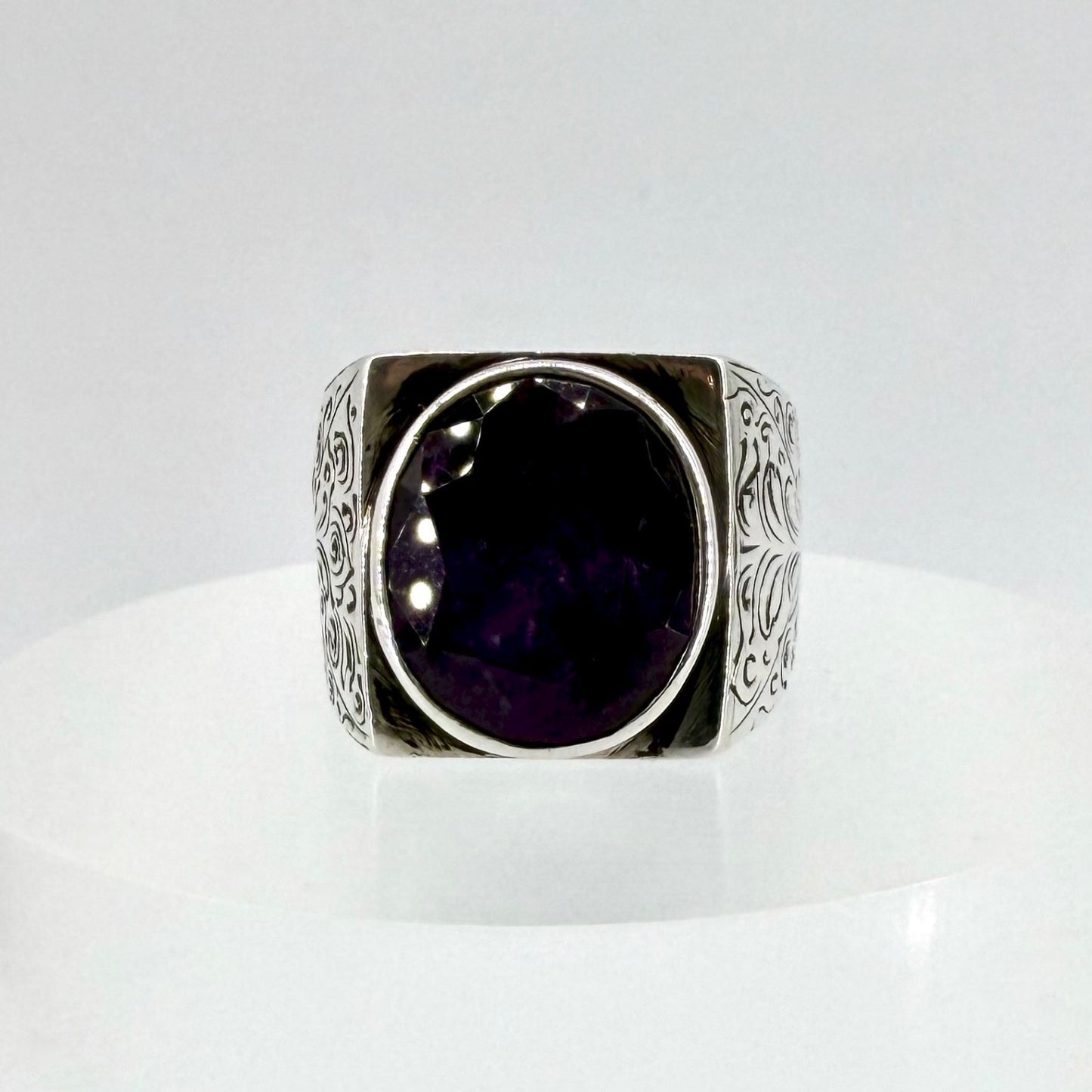 Vintage Sterling Silver Amethyst Signet Ring - UK Size W