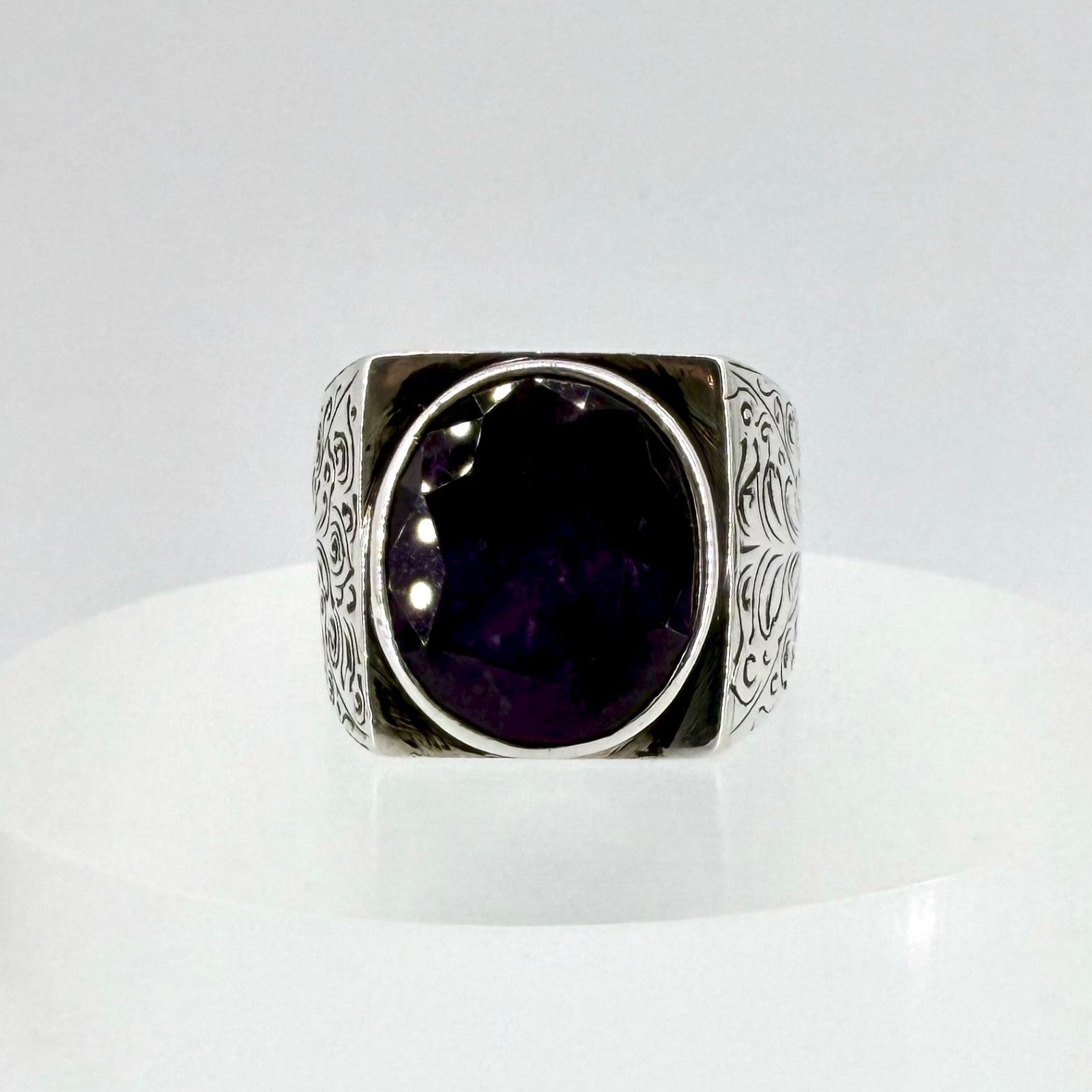 Vintage Sterling Silver Amethyst Signet Ring - UK Size W