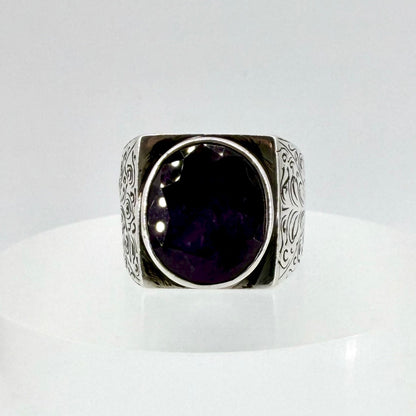 Vintage Sterling Silver Amethyst Signet Ring - UK Size W
