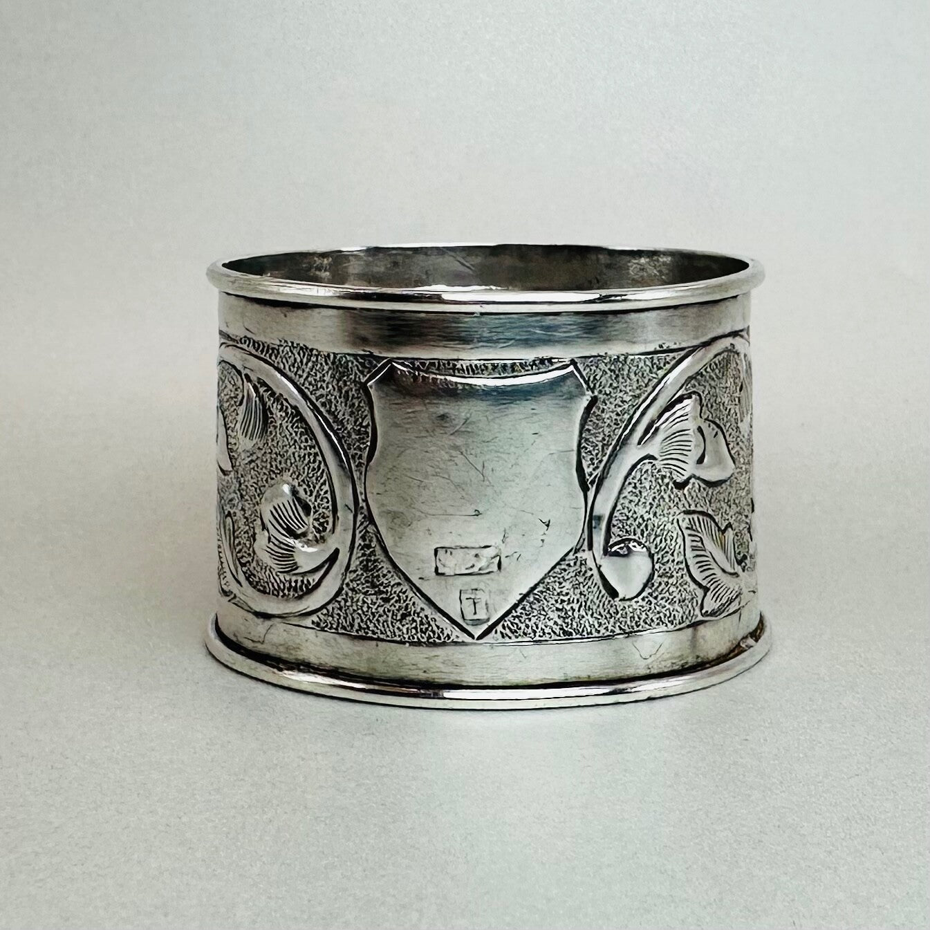 Antique Silver Napkin Ring – Floral Engraving – Hallmark Rubbed