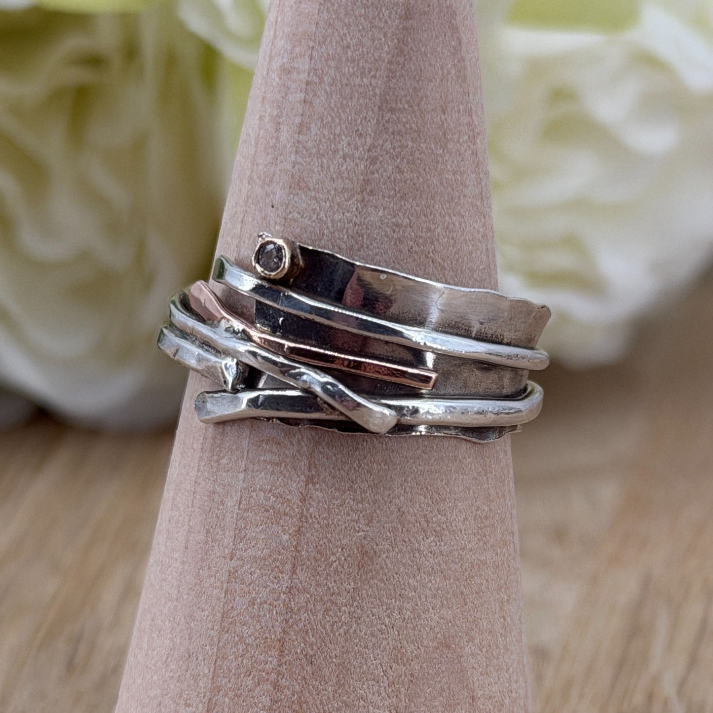 Handmade 925 Sterling Silver Diamond Ring with Gold Accents – UK Size U