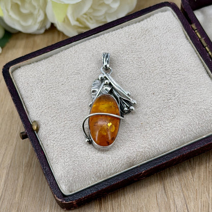 Vintage 925 Sterling Silver Amber Pendant – Organic Leaf & Branch Design