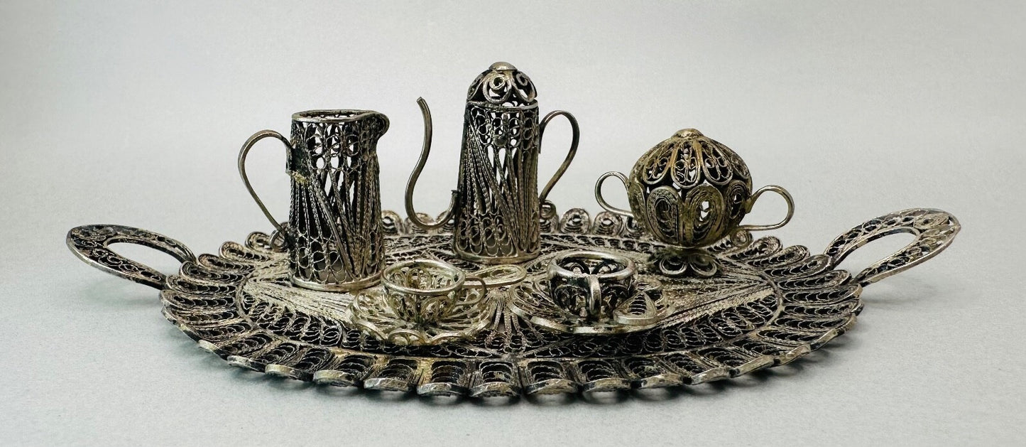 Antique White Metal Filigree Miniature Tea Set with Tray