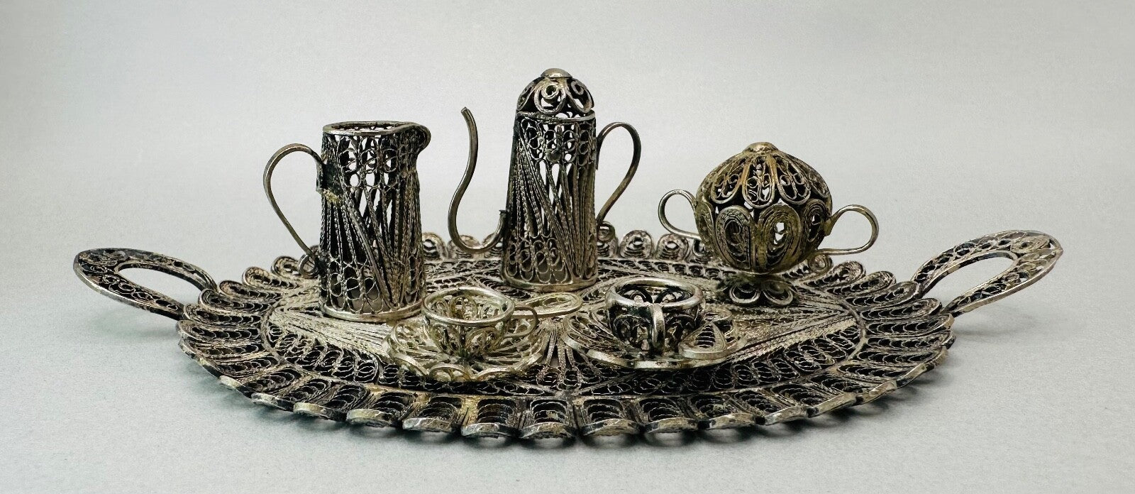 Antique White Metal Filigree Miniature Tea Set with Tray