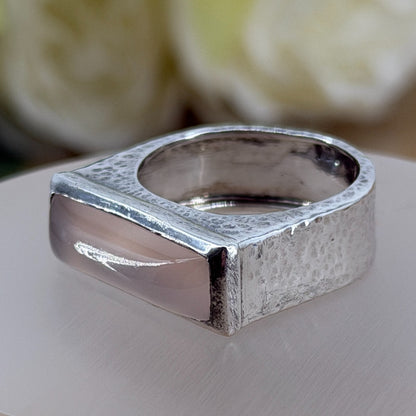 Vintage 925 Sterling Silver Rose Quartz Ring – UK Size Q – Rectangular Cabochon