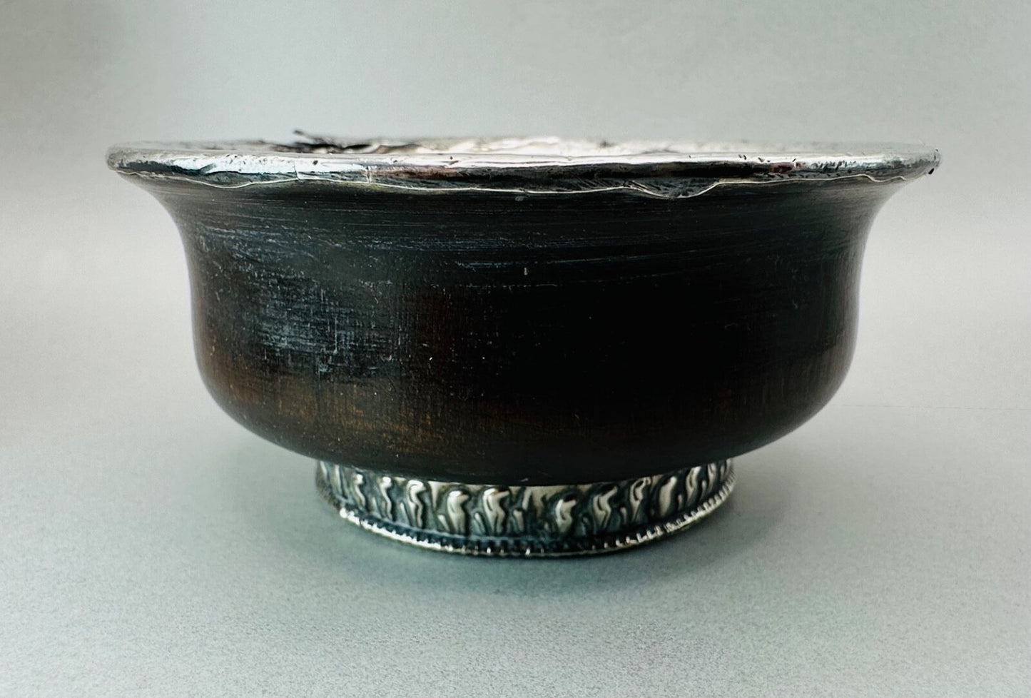 Antique White Metal & Hardwood Beggar's Bowl - Unique Piece