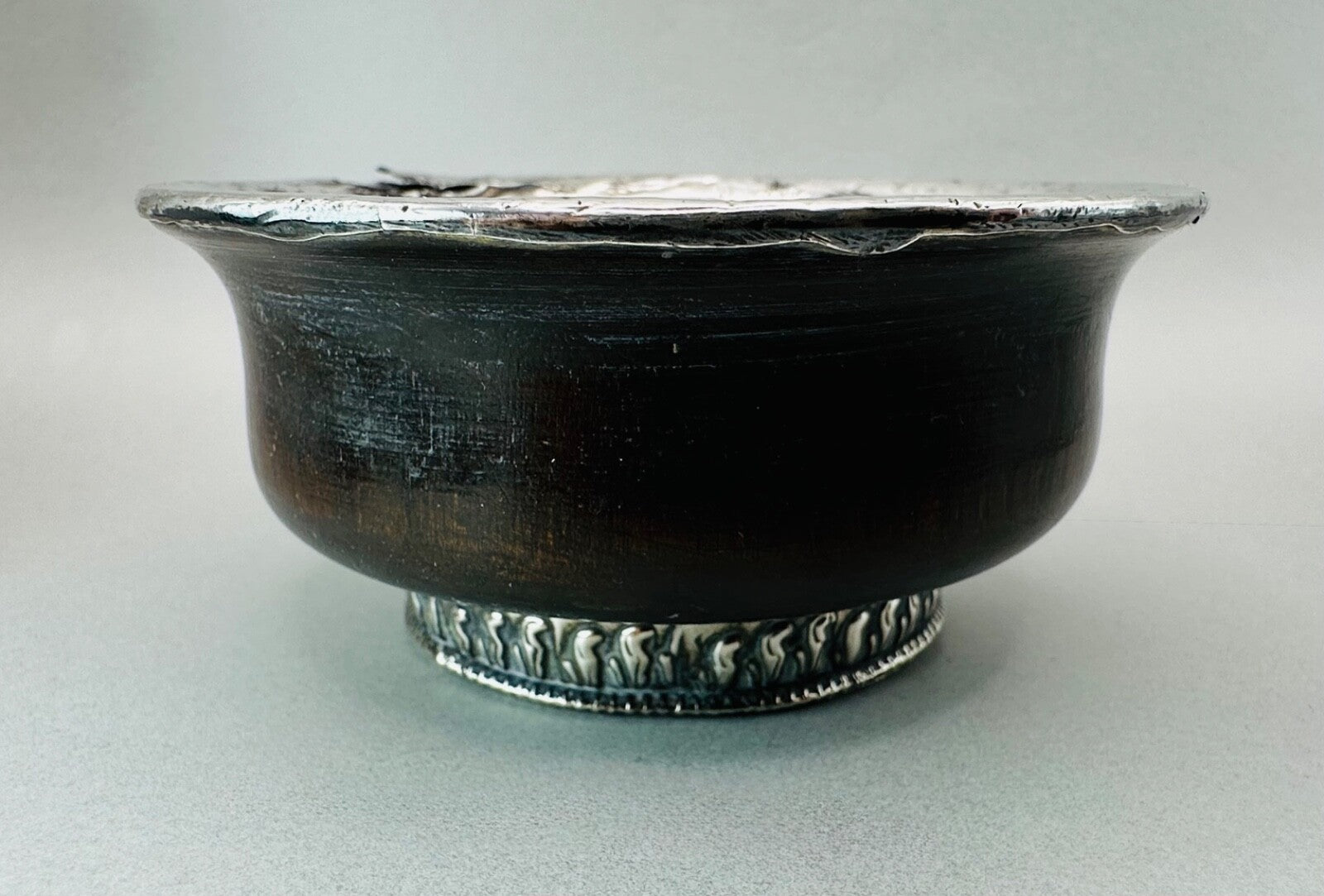 Antique White Metal & Hardwood Beggar's Bowl - Unique Piece