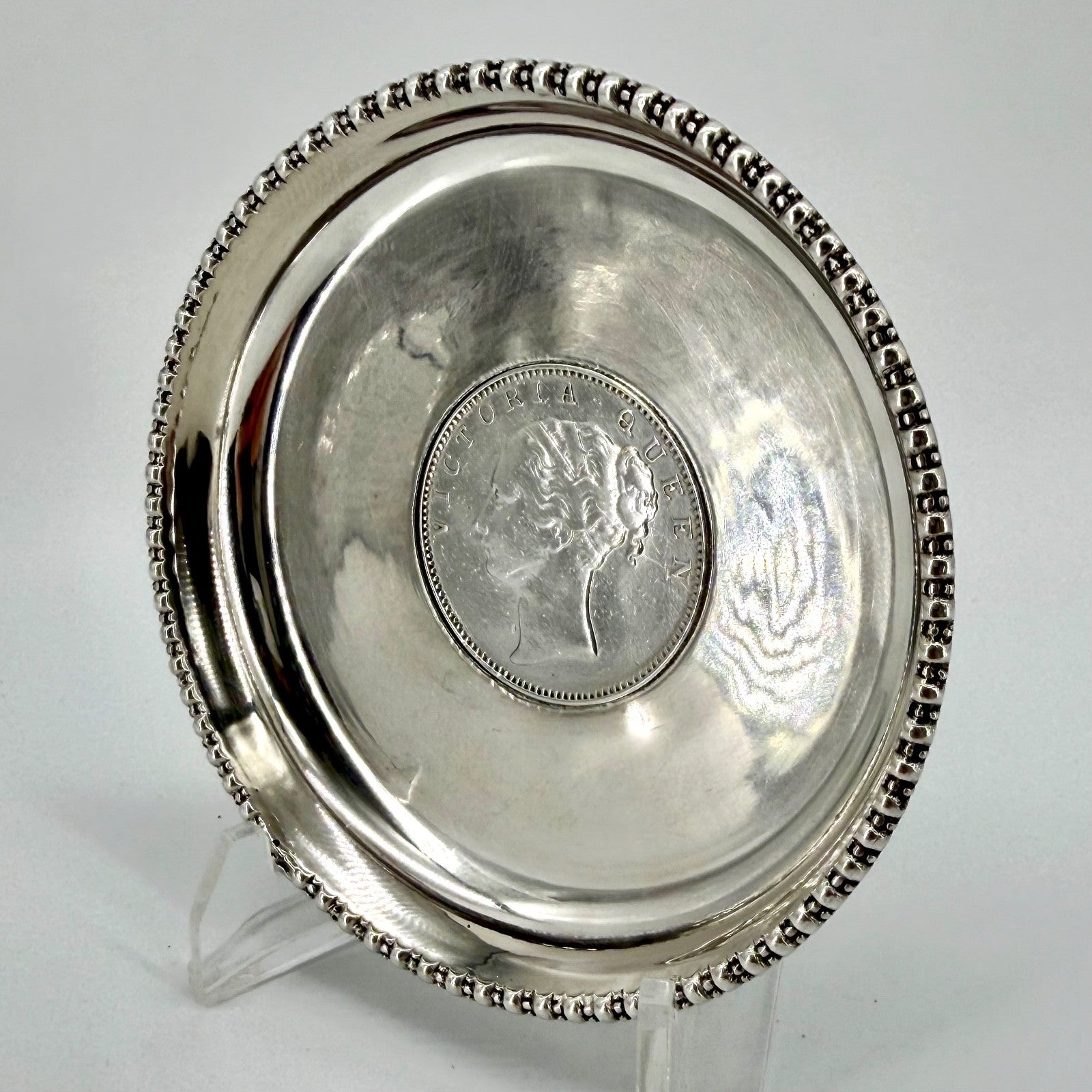 Antique Sterling Silver Coin Pin Dish, One Rupee 1840 East India Company - Boxed