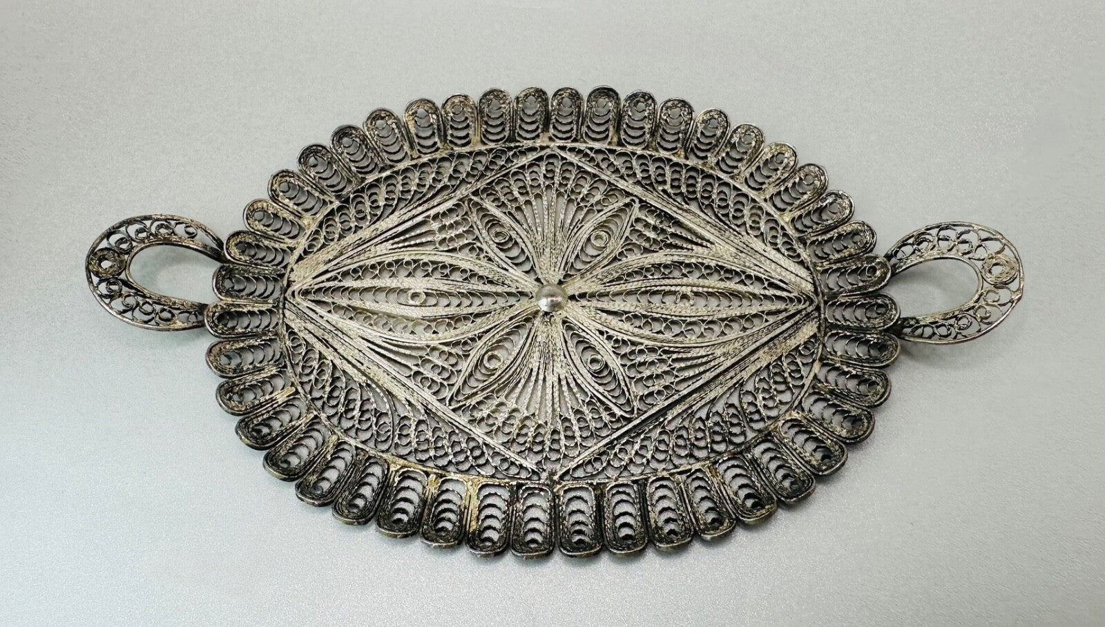 Antique White Metal Filigree Miniature Tea Set with Tray