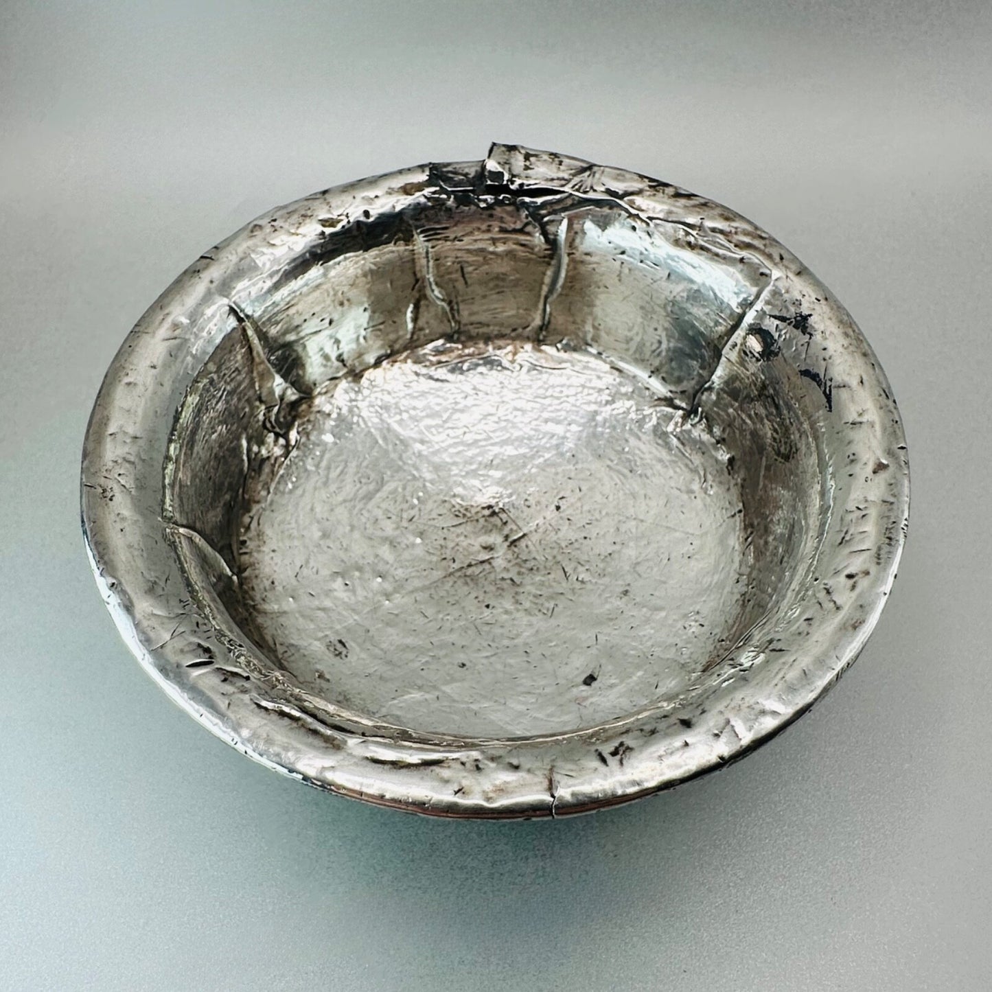 Antique White Metal & Hardwood Beggar's Bowl - Unique Piece