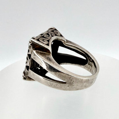 Vintage Sterling Silver Onyx Ring - UK Size P – Gothic / Cross Motif
