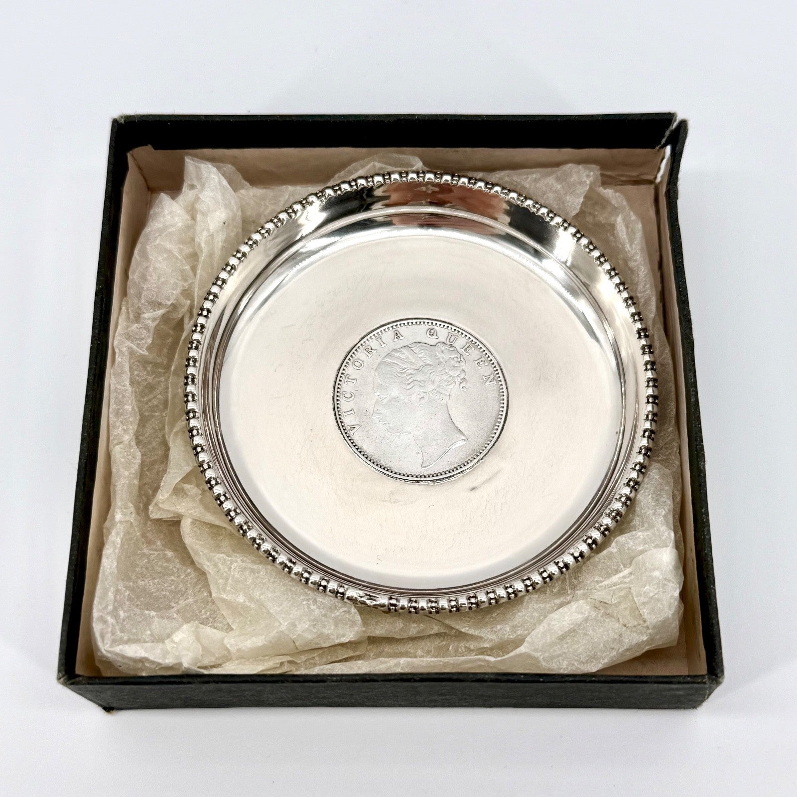Antique Sterling Silver Coin Pin Dish, One Rupee 1840 East India Company - Boxed