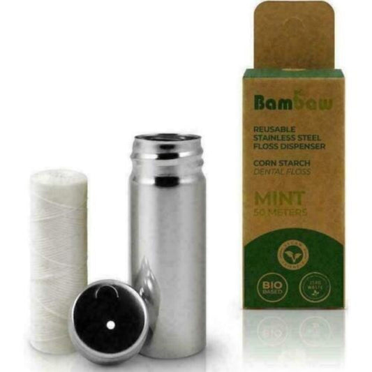 Reusable Stainless Steel Floss Dispenser with 50m Mint Corn Starch Dental Floss