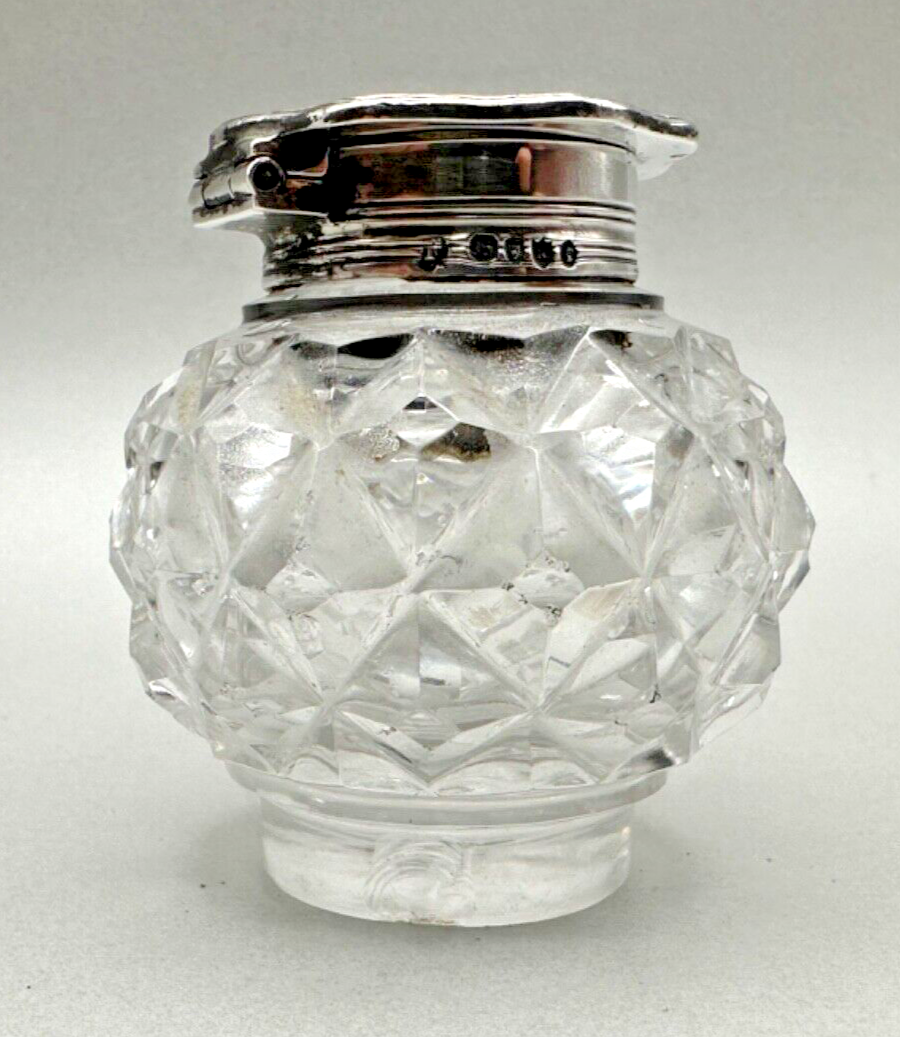 Antique Silver Top Glass Inkwell - London 1885 George Fox