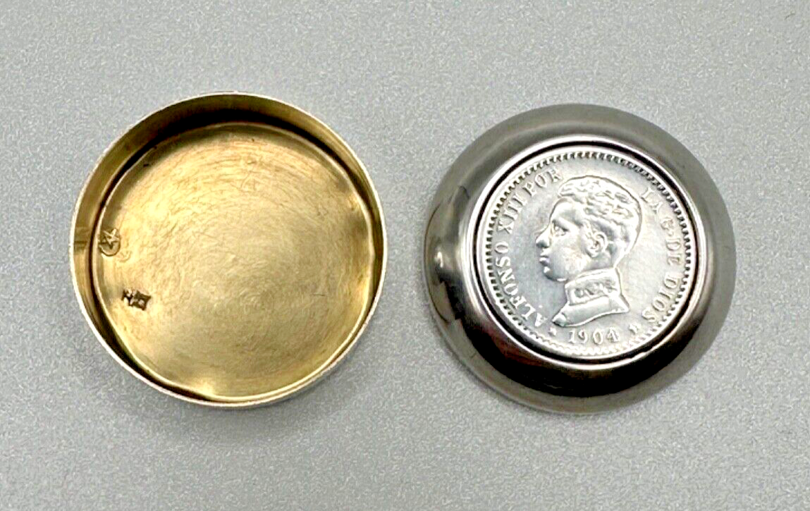 Antique Sterling Silver Coin Pill Box with 1904 Alfonso XIII Spanish Coin