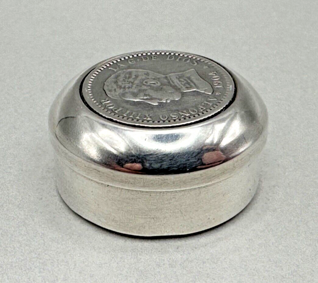 Antique Sterling Silver Coin Pill Box with 1904 Alfonso XIII Spanish Coin